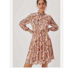 Paisley Ruffle-Neck Pink Midi Dress